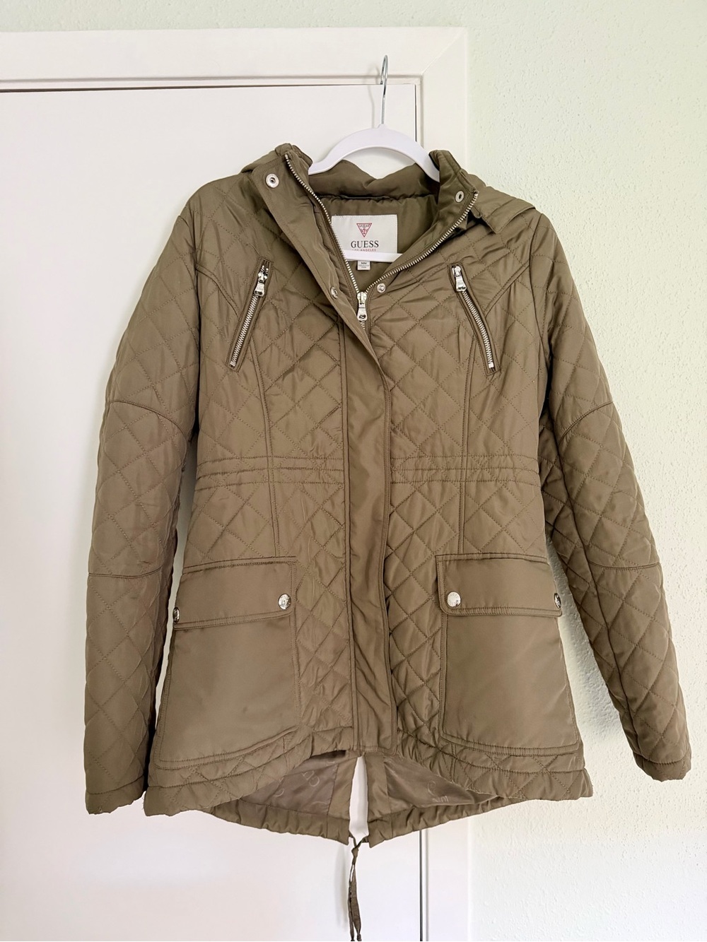 Guess Quilted Olive Utility Jacket with Hood
